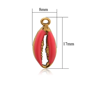 Golden shell charm with red enamel detail and size markings measuring 8x17mm