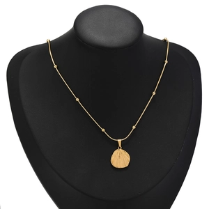 Gold stainless steel beaded chain necklace with brushed texture circular pendant charm