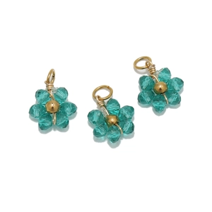 Three flower crystal charms in turquoise blue with golden ring for DIY jewelry making