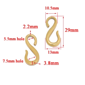 Golden stainless steel S-shaped connector hook for jewelry with 29mm length and dimension specs