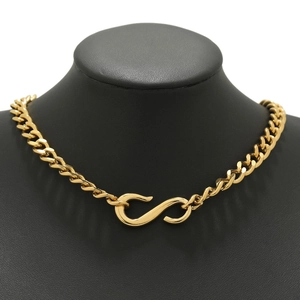 Chunky gold stainless steel S-hook chain necklace with polished flat links on mannequin