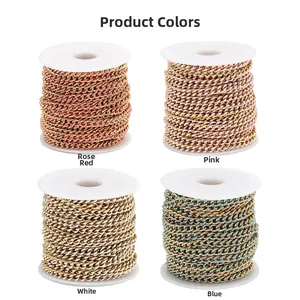 Detail view of colorful enamel curb chains in pink, rose red, white, and sky blue rolls