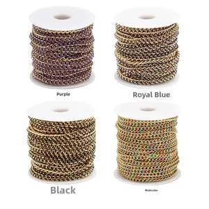 Detail of colorful enamel Cuban link chains in purple, blue, black and rainbow on spools
