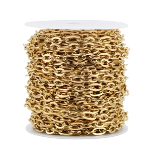 Detailansicht der 7mm flachen ovalen Gliederkette aus goldenem Edelstahl auf Spule