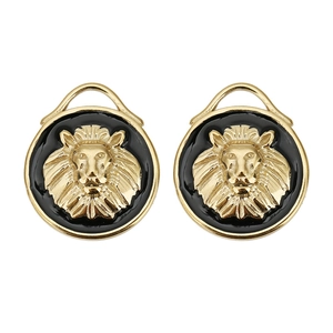 Détail du pendentif tête de lion vintage avec émail noir et acier inoxydable doré