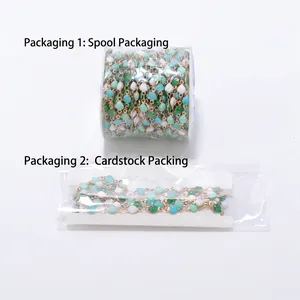 Detail of 8mm star enamel chain in blue green and white beads with gold links