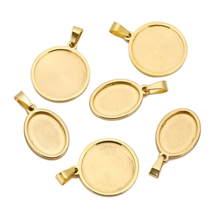 Golden stainless steel round and oval pendant tray set with bail connectors for DIY jewelry