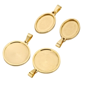 Polished gold 20mm stainless steel round and oval pendant trays for DIY jewelry making