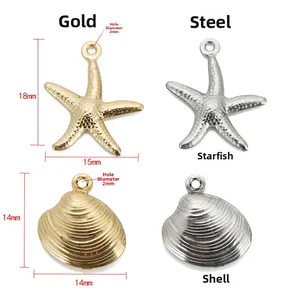 3D stainless steel starfish and scallop shell charms in gold and silver finish