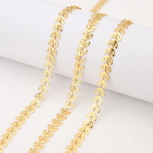 Close-up of 6mm 18k gold-plated stainless steel hollow leaf chain for jewelry making
