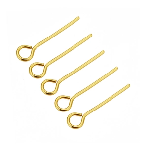 Detailed view of five 18k gold-plated stainless steel eye pins for jewelry making