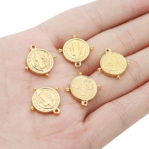 18k gold-plated St. Benedict double-sided cross coin pendants with four holes for jewelry DIY