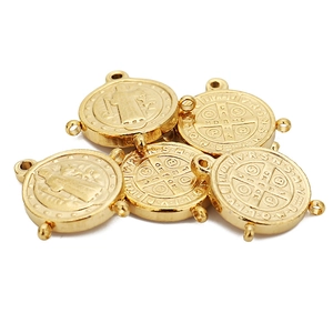 18k gold plated Saint Benedict cross charm with three-hole connectors for DIY jewelry
