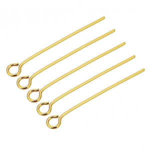 Five gold-plated stainless steel eye pins for DIY jewelry making with a mirror finish