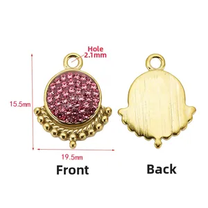 Viste frontale e posteriore del ciondolo a ventaglio in oro 18k con strass rosa per fai da te