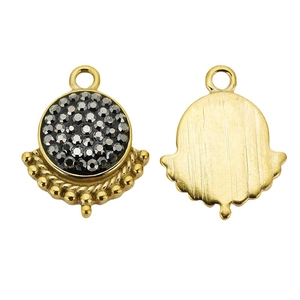 Pendentif en forme d'éventail en acier plaqué or 18k avec pavé de zircons noirs