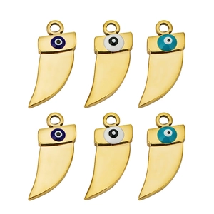 Set of six gold stainless steel horn pendants with evil eye pattern for DIY jewelry making