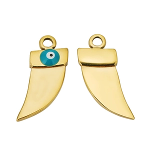 Macro shot of gold-plated evil eye dagger charms with polished finish and blue inlay