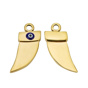 Golden horn-shaped stainless steel pendant with blue evil eye enamel and ring loop
