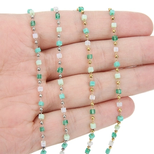 Green and white square crystal beads with gold steel ball chain for DIY jewelry making
