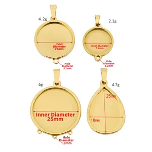 Detailed size chart for 18k gold stainless steel water drop and round pendant bases