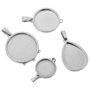 Silver 18k stainless steel blank pendant trays for jewelry making in round and waterdrop shapes