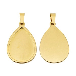 Polished gold teardrop pendant trays for jewelry making shown in front and back views