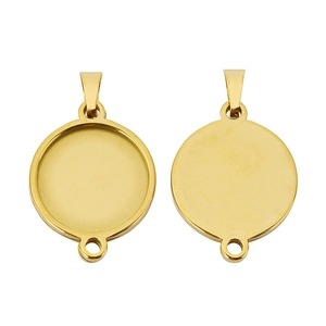 Polished 18k gold-plated stainless steel round pendant tray with top bail and bottom ring