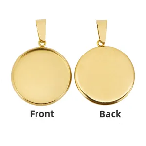 Front and back view of golden stainless steel round pendant tray for DIY jewelry making