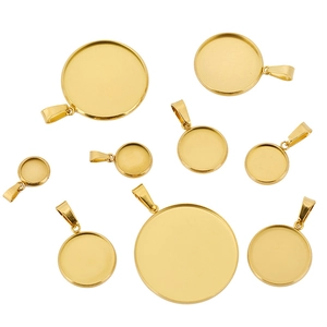 Macro display of golden stainless steel bezel pendant trays in assorted sizes for DIY