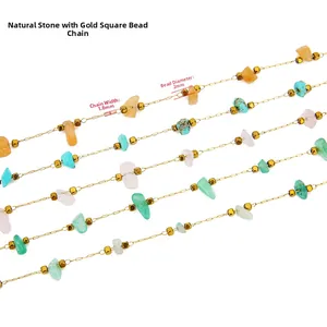 Bohemian gold stainless steel square bead chain with natural stone beads for DIY jewelry