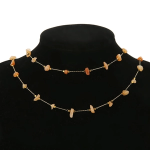 Bohemian gold chain necklace with natural sunstone beads and square metal accents