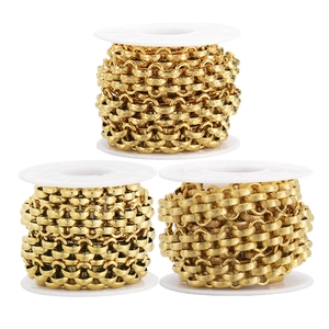 Three spools of 13mm gold stainless steel chains with embossed and polished textures