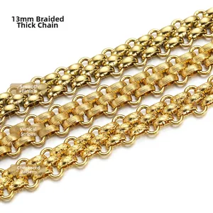 13mm chunky gold 18k braided link chains in smooth, vertical, and grid texture finishes