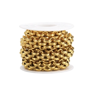 Macro view of 13mm gold braided chain roll with detailed diamond grid texture