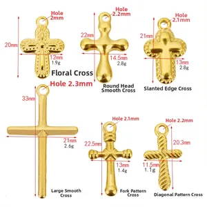 Golden stainless steel cross pendants in six styles with size and weight parameters