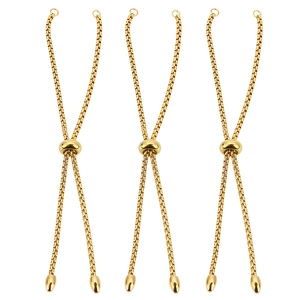 Adjustable 18k gold plated stainless steel box chain with slider bead and drop pendant detail