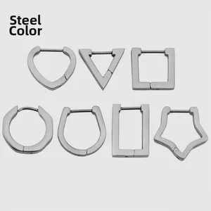 Set of minimalist stainless steel geometric hoop earrings in polished steel finish