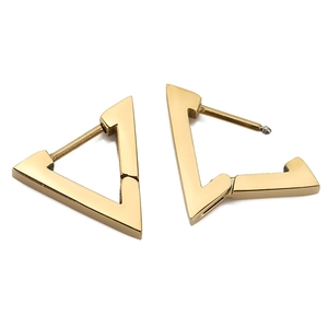 Detail of 18k gold plated stainless steel triangle earrings showing the latch mechanism