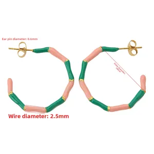 Bamboo style C-shaped hoop earrings with pink and green enamel in 30mm outer diameter