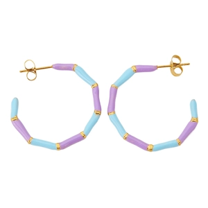 Detail of bamboo joint style large hoop earrings with light blue and purple enamel glaze