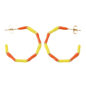 Bamboo style hoop earrings with yellow and orange enamel coating in gold finish