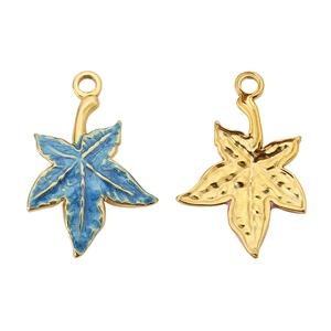 Detail of leaf-shaped stainless steel charms with blue marble enamel and gold veins