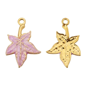 Purple enamel maple leaf charm in stainless steel for DIY jewelry making and pendants
