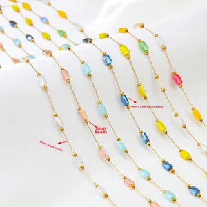 1mm gold stainless steel chain with colorful 4x7mm faceted crystal beads for DIY jewelry