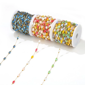 Macro detail of 1mm gold chain featuring colorful rectangular beads on plastic spools