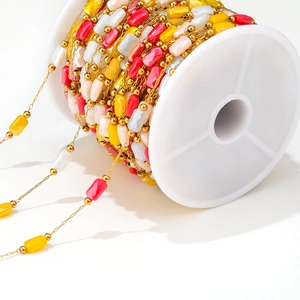 1mm Gold stainless steel DIY jewelry chain with multi-colored faceted beads on a white spool