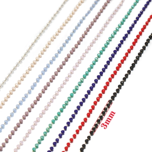 Golden 3mm faceted crystal bead chain necklaces in diverse colors on white background