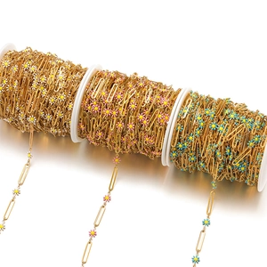 Detailed macro view of 18k gold daisy chains on spools for DIY jewelry making