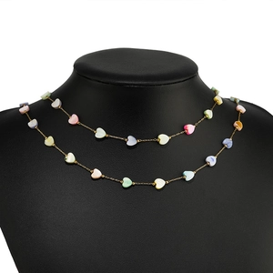 6mm colorful shell heart beads on gold stainless steel chain necklace for women
